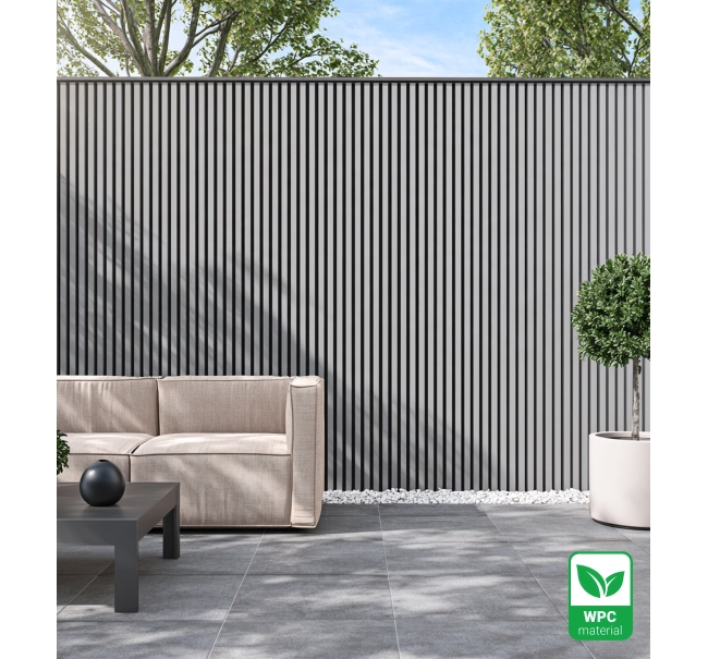 WPC Fassadenpaneel TWIX SLIM, GRAU mit schwarzen Fugen, 6 schmale Lamellen (0,64 m²)
